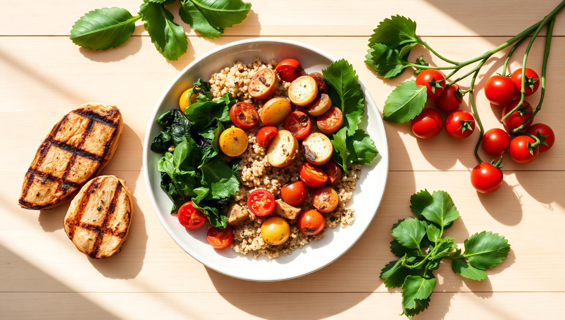 Plato equilibrado con proteínas, granos y verduras